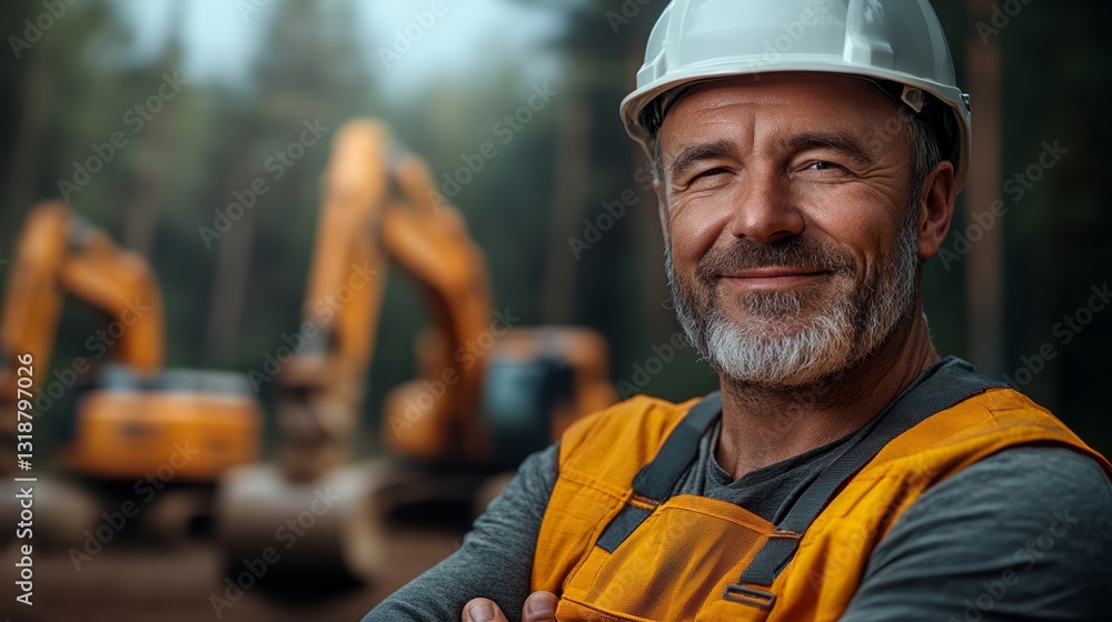 Poster man wearing a yellow vest and a hard hat is smiling. he is standing in front of a construction site 