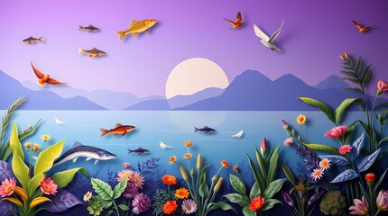 Paper Art Coastal Scene: A vibrant paper art scene of a coastal landscape, featuring an ocean with fish, birds soaring, mountains in the distance, and colorful flowers in the foreground.
