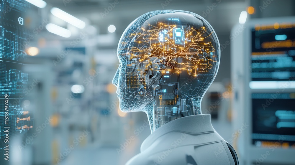 Poster futuristic ai powered humanoid brain with digital connectivity and neural network visualization show