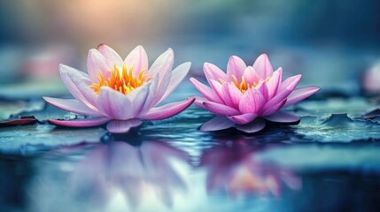 Two beautiful pink water lily flowers floating on the water surface