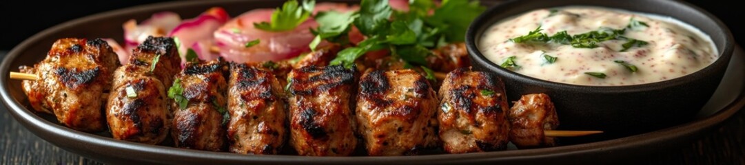 Tender Meat Kebabs Served with Fresh Yogurt Sauce and Vegetables. Generative AI