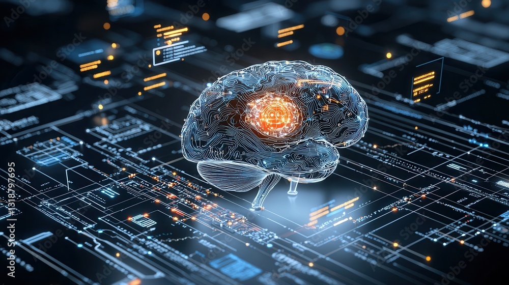 Poster futuristic intelligence technology representation with a glowing visualized brain and complex digita
