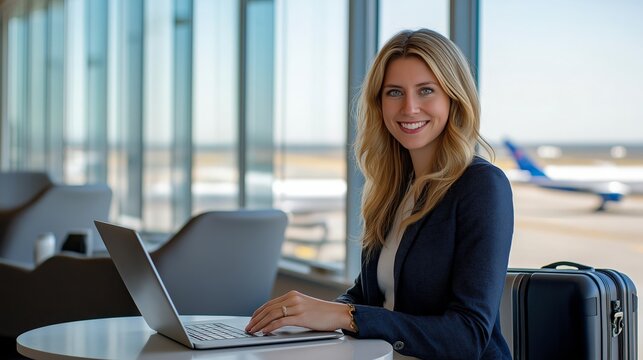 A smiling professional woman is sitting in the airport waiting room, working on her laptop, and from the large windows there is a view of airplanes, the concept of productivity during travel