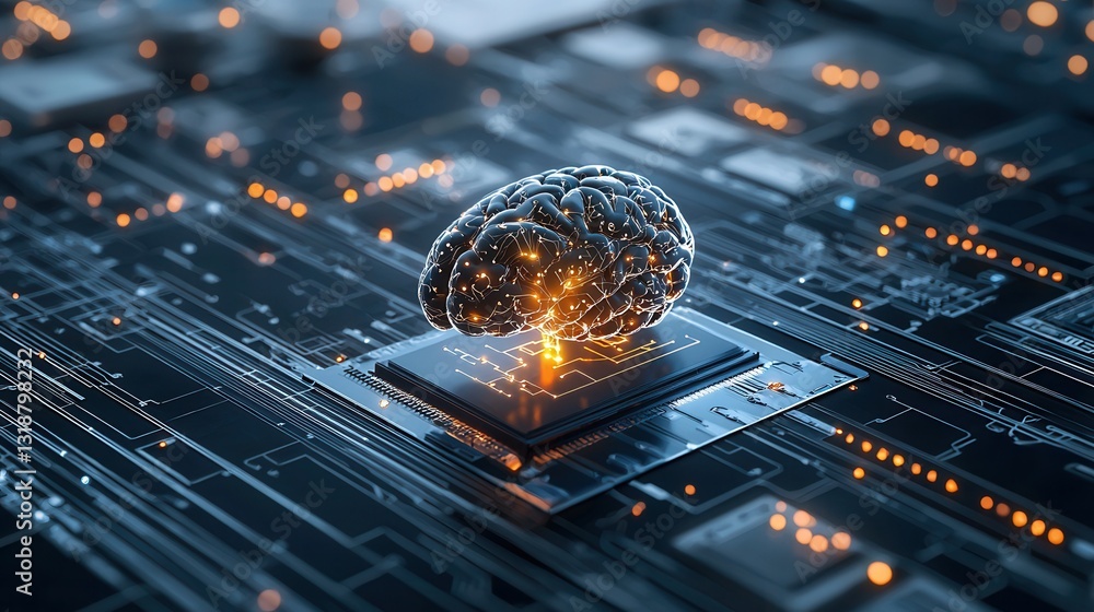 Poster visionary ai human fusion depicting a futuristic digital brain and neural network with circuit board