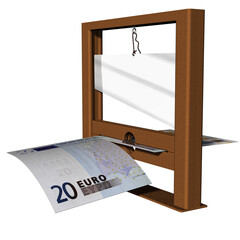 PNG. Trasparente. Primo piano, su sfondo bianco scontornabile di banconota e ghigliottina. Simbolo di saldi, sconti, risparmio su acquisti. Illustrazione 3D. © massimo_g