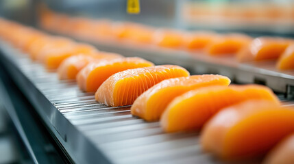 Chicken factory, Fresh salmon fillets on a conveyor belt in a processing facility.