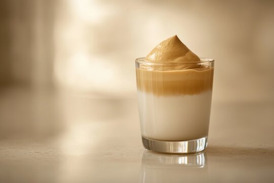 Dalgona coffee in glass. Whipped coffee over milk. Soft light, warm tones, creamy texture