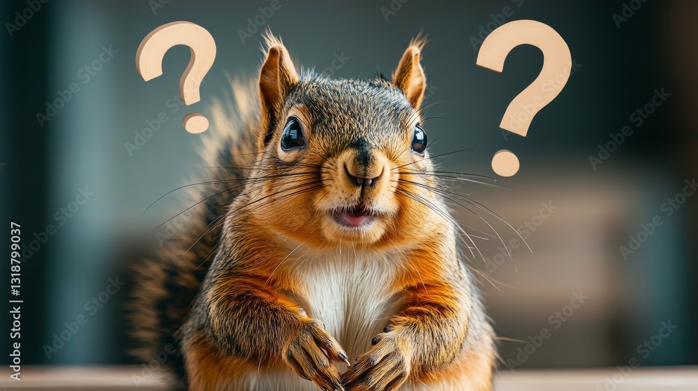 Poster squirrel is looking at the camera with a question mark on its face. the image has a curious and play