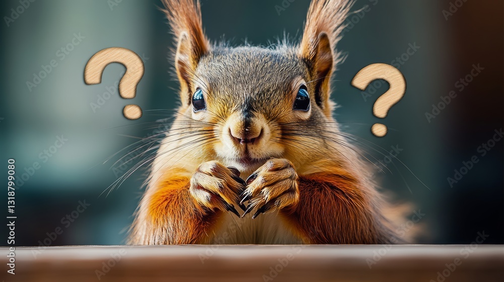 Poster squirrel is looking at the camera with a question mark on its face. the image has a playful and curi
