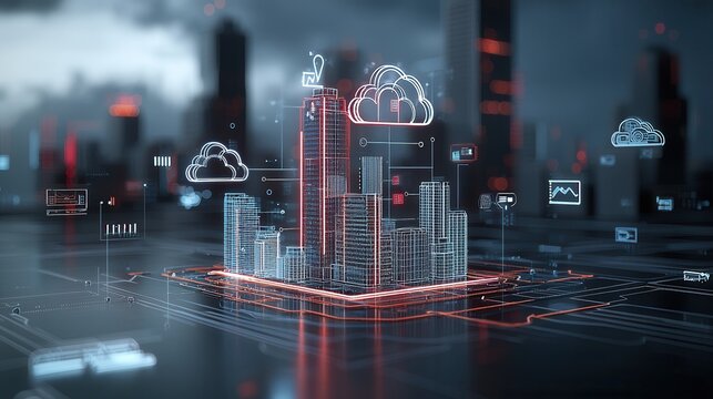 Visually Engaging Futuristic Smart City with Neon Lights and Digital Cityscape  This image depicts a futuristic urban landscape with tall skyscrapers cloud based data networks and a vibrant