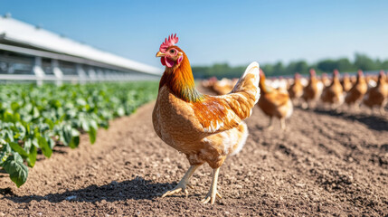 Fototapeta premium Chicken factory, A hen walking in a sunny farm with crops in the background.