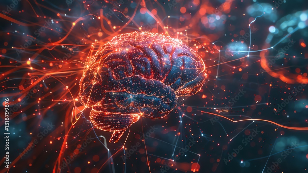 Poster a digital rendering of a brain with glowing lines and dots.