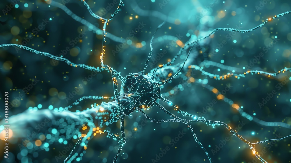 Poster abstract digital rendering of a neuron with glowing particles.