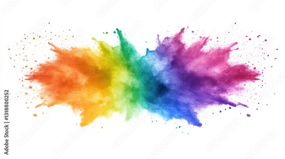 Poster vibrant explosion of color in a rainbow spectrum, showcasing artistic splashes against a white backg