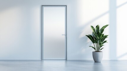 Modern office, door, plant, sunlight, minimalist interior, workspace