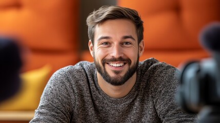 Obraz premium Man with a beard and a smile is sitting on a couch. He is wearing a gray sweater and a black hat