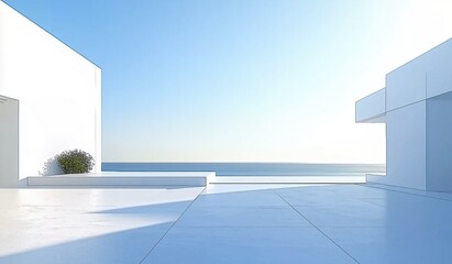 Obraz premium Minimalist Seaside Retreat with White Architecture Overlooking Calm Ocean and Clear Sky