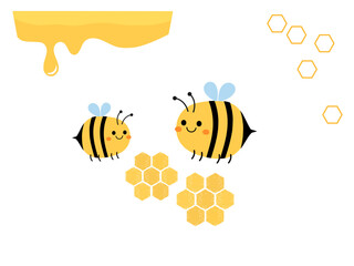 Beehive honey sign with hexagon grid cells, bee cartoons and honey drop wave isolated on white background vector.