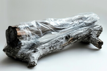 Piece of driftwood is covered in plastic wrap. The plastic wrap is clear and the driftwood is brown