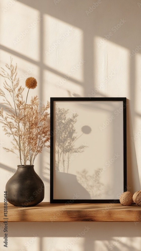 Poster Sunlight filters through a window, casting soft shadows on a wall, while a vase of dried flowers and a simple frame create an inviting, serene atmosphere perfect for relaxation