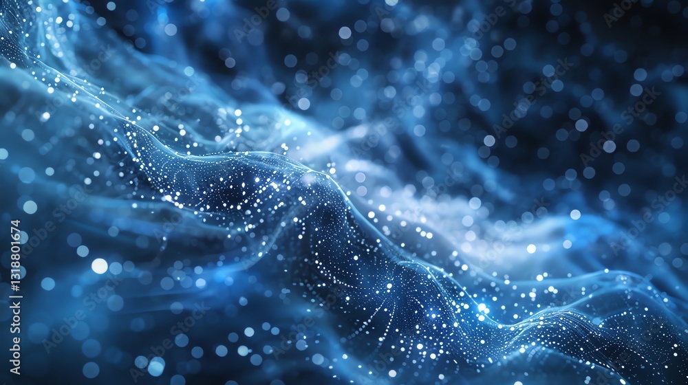 Poster a digital rendering of a blue, abstract background with glowing lights and particles.