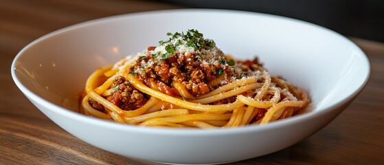 A bowl of spaghetti with meat sauce and cheese