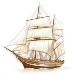 Sailing ship ocean voyage; calm sea background, nautical design