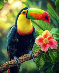 Obraz premium A toucan perched on a branch with a foreground and background flower