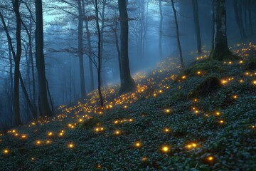 Obraz premium Enchanted forest with glowing fireflies at twilight