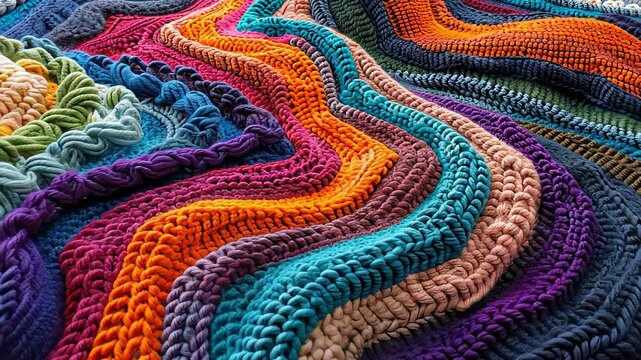 A vibrant and colorful knitted textile pattern featuring a swirl of rainbow hues, creating a lively, cozy look.
