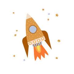 A space rocket flying in outer space. Cute colorful hand drawn vector illustration.