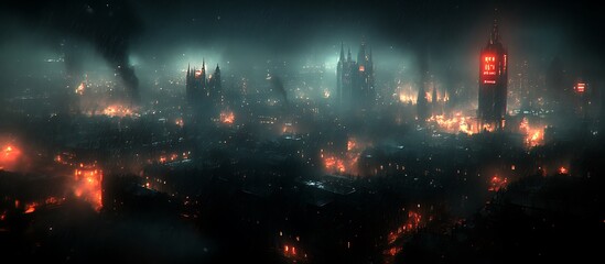 Cityscape at Night with Dim Lights and Misty Atmospheric Condition