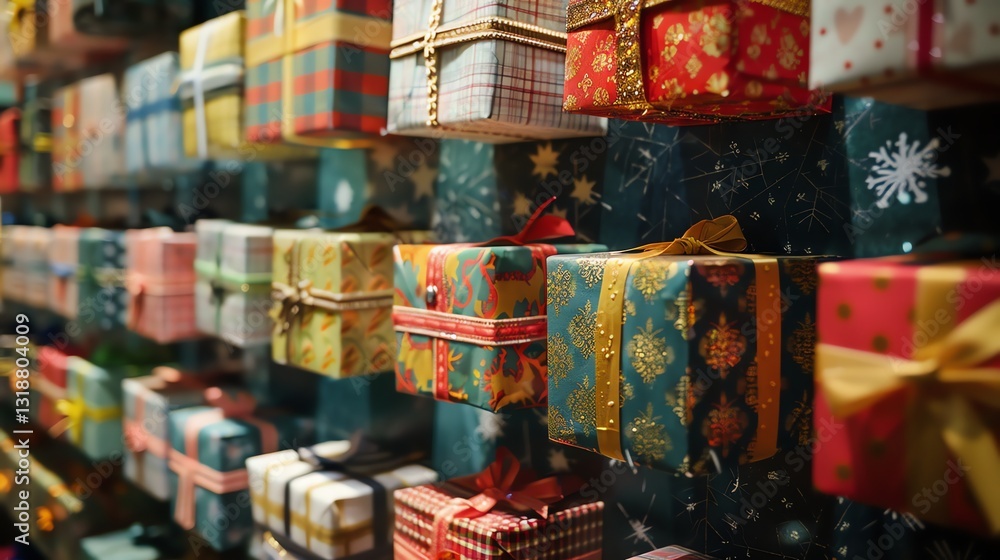 Poster many wrapped presents of various colors and patterns.