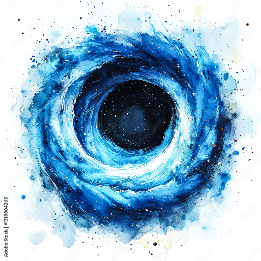 Poster blue splash of water with a hole in the middle. the water is splashing out of the hole, creating a c