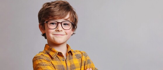 Fototapeta premium A young boy wearing glasses and a yellow shirt is smiling