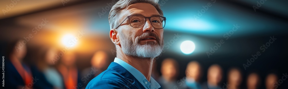Poster man with glasses is standing in front of a group of people. he is smiling and looking at the camera.