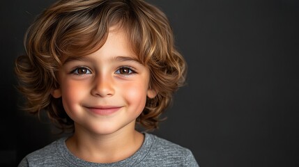 A young boy with brown hair and blue eyes is smiling at the camera
