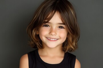 Fototapeta premium A young girl with short brown hair is smiling and looking at the camera