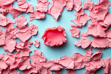 Blue and pink background with pink and blue pieces of paper scattered all over it. The pink and blue pieces of paper are arranged in a way that creates a sense of chaos and disorder