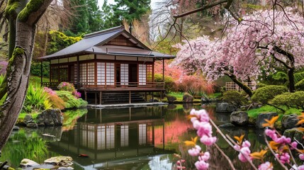 Naklejka premium A Japanese style house sits on the edge of a pond with a wooden bridge in the background.