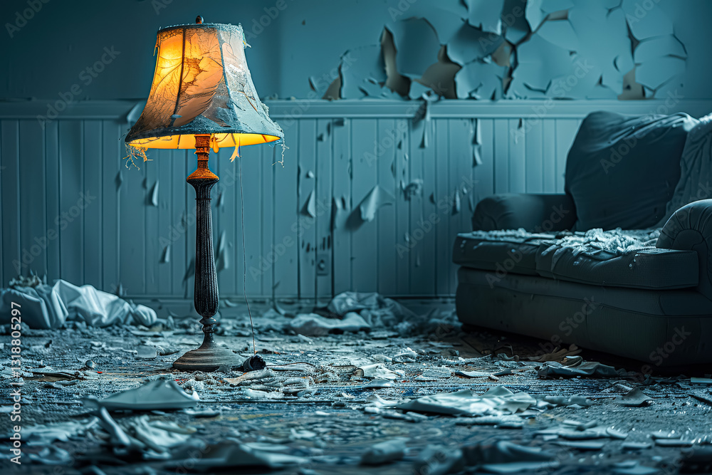 Aufkleber lamp is lit in a room with a couch and a wall covered in paper. the room appears to be in disarray, 