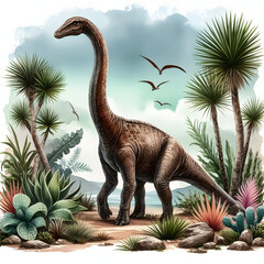Prehistoric Dinosaurs in a Lush Landscape