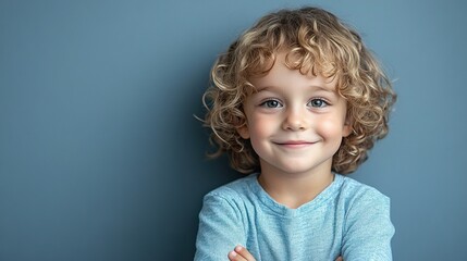 Naklejka premium A young girl with curly hair is smiling and wearing a blue shirt
