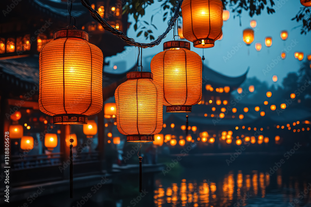 Poster beautiful night sky with many lit lanterns floating in the air. the lanterns are lit up and create a
