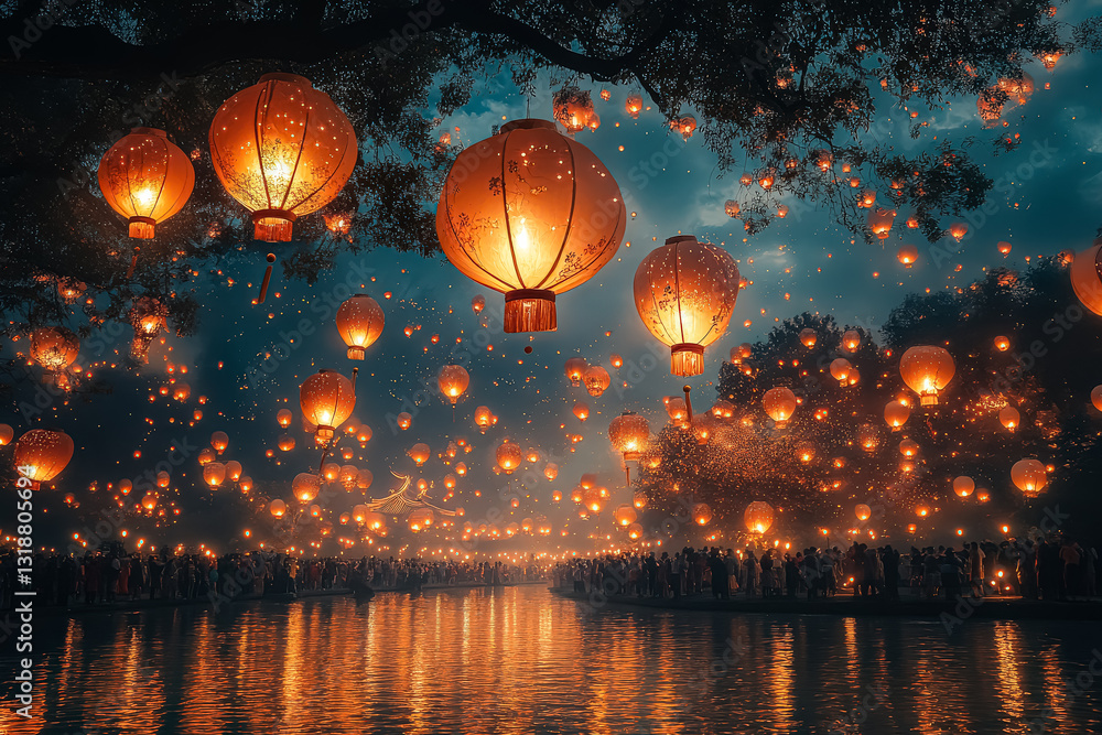 Poster beautiful night sky with many lit lanterns floating in the air. the lanterns are lit up and create a
