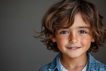 Fototapeta premium A young boy with brown hair and a blue jacket is smiling