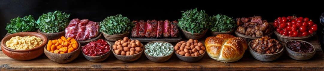 Traditional Purim feast with hearty meals breads and fresh vegetables displayed on a rustic wooden table. Generative AI