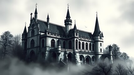 Mysterious Fortress: A gothic castle emerges from the mist, its spires reaching towards a cloudy sky, creating a haunting and awe-inspiring atmosphere.