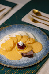 Traditional Christmas dinner in Czech Republic - sirloin in cream sauce