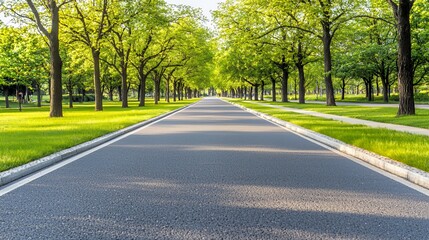 Fototapeta premium Sunlit Asphalt Road Lined with Lush Green Trees
